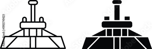 Industrial hydraulic press machine components shown in two distinct styles featuring outline and solid black silhouettes