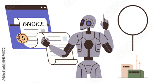 Automation, artificial intelligence, digital finance, data processing, business services, efficiency. Robot handling online invoices. Automation and artificial intelligence concept