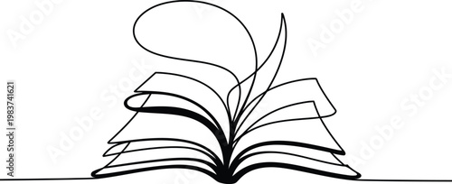Continuous line drawing of an open book featuring fluttering pages for education and literary storytelling themes