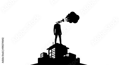 Man standing on building blowing megaphone.