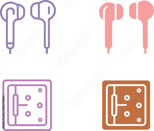 Minimalist line and solid icons featuring modern stereo earphones and secure metal safes for various interfaces