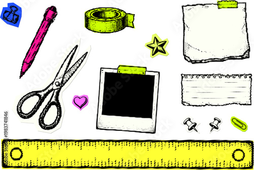 Vintage stationery collage with grunge and dot aesthetic for creative projects. Vector png isolated on transparent halftone