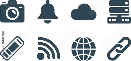 Set of various internet and technology interface icons representing digital communication data storage and network connectivity