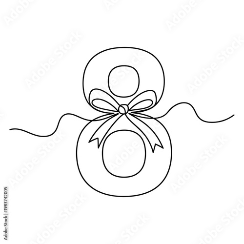 continuous line drawing of the number 8 with a ribbon bow vector illustration