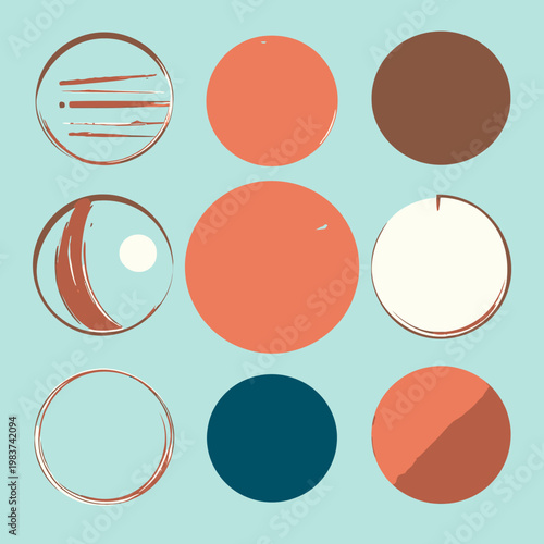 Composition abstraite de neuf cercles géométriques aux tons terreux et bleu canard sur un fond minimaliste vert menthe clair.