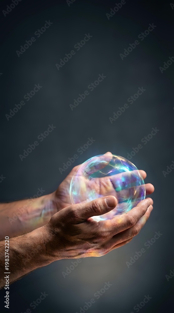 Fototapeta premium Hands gently holding glowing transparent sphere with rainbow reflections against dark background symbolizing protection, care and fragile dreams.