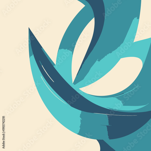 Illustration abstraite et dynamique de formes organiques bleues et turquoises créant un mouvement fluide sur un fond clair.