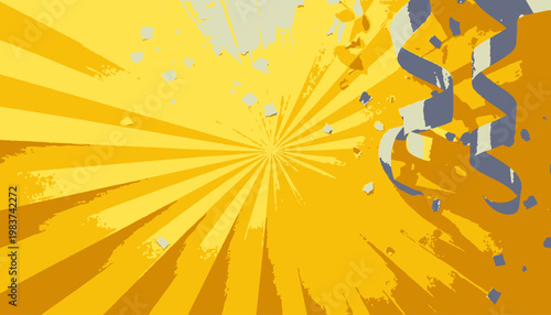 Fond abstrait jaune vif avec motif de rayons de soleil, confettis et serpentins pour célébrations festives et événements spéciaux.