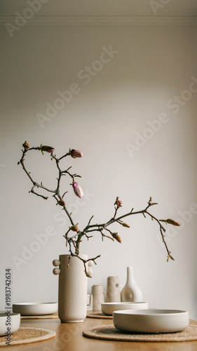 Minimalist table setting with delicate magnolia branches in a textured vase