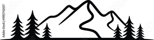 Minimalist mountain range silhouette with evergreen pine trees for outdoor adventure and wilderness exploration branding projects