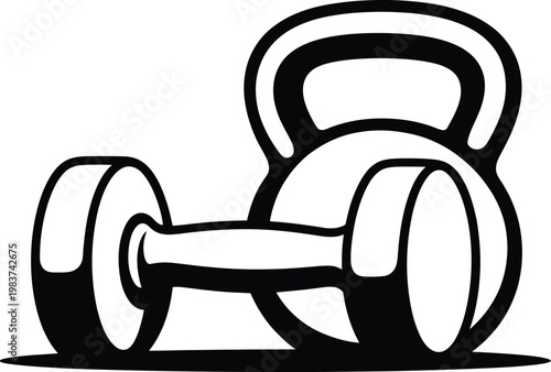 Black and white illustration of a heavy iron kettlebell next to a professional exercise dumbbell