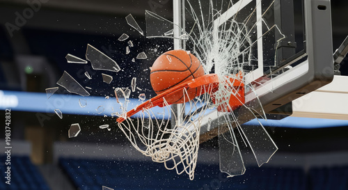 Basketball smashing through glass backboard in dramatic sports action shot with shattering effect vibrant orange ball and net details