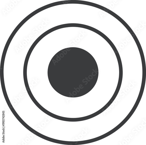 Simple geometric symbol featuring a dark circular center enclosed by two thin concentric ring shapes