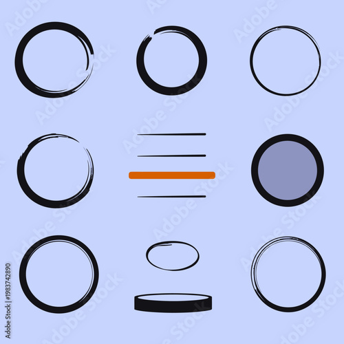 Collection de cercles de pinceau de style Enso japonais, traits d'encre noire et formes géométriques abstraites sur un fond bleu pastel élégant.