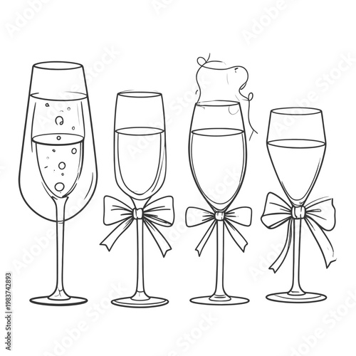Illustration en noir et blanc de quatre flûtes à champagne élégantes ornées de nœuds décoratifs pour une célébration festive et joyeuse.
