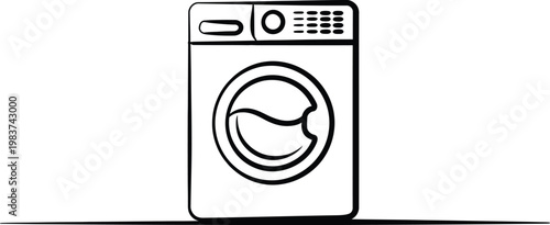 Front loading electric washing machine for cleaning laundry clothes in a household appliance sketch style illustration