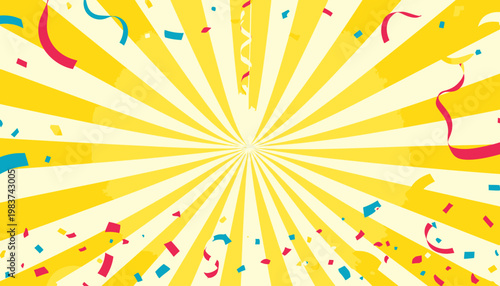 Fond jaune vif avec un motif soleil rayonnant et des confettis colorés et serpentins tombant, évoquant la joie et la fête pour un événement spécial.