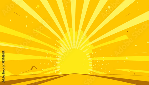 Illustration graphique vibrante d'un lever de soleil stylisé avec des rayons lumineux jaunes et oranges, symbolisant l'espoir et un nouveau départ.