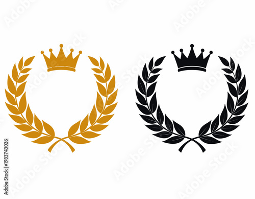 Deux couronnes de laurier stylisées, une dorée et une noire, ornées de couronnes royales, symbolisant la victoire et l'excellence.