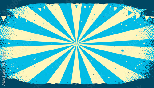 Arrière-plan de cirque rétro avec des rayons bleus et crème, texture grunge et fanions festifs pour une ambiance de fête foraine.
