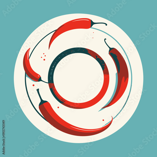 Illustration stylisée de piments rouges forts disposés de manière circulaire sur une assiette blanche, fond bleu sarcelle élégant et épuré.
