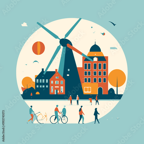 Paysage urbain minimaliste d'Amsterdam avec moulin à vent emblématique, architecture traditionnelle et habitants à vélo sous un ciel serein.