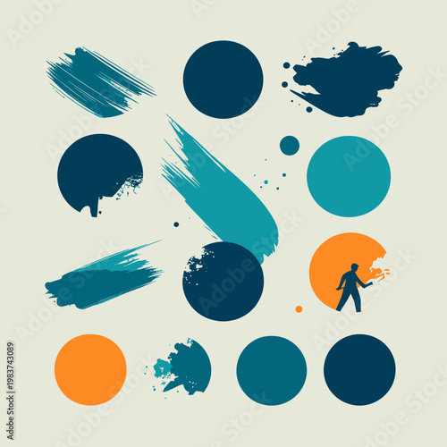 Collection de formes abstraites avec des cercles colorés et des coups de pinceau artistiques incluant une silhouette humaine stylisée.