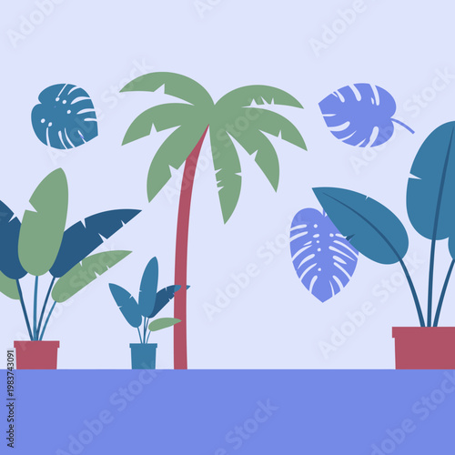 Illustration vectorielle plate de plantes tropicales incluant un palmier et des feuilles de monstera dans des pots colorés sur fond violet pastel.
