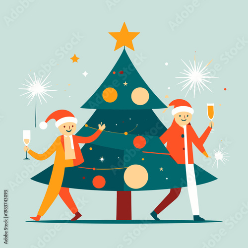 Illustration plate de deux personnes fêtant Noël avec du champagne autour d'un sapin décoré et des étincelles festives sur fond bleu.