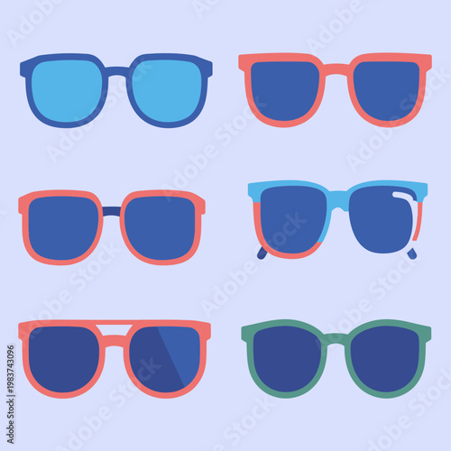 Ensemble d'illustrations vectorielles de lunettes de soleil colorées aux styles variés pour les vacances d'été et la mode balnéaire.