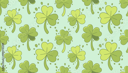 Seamless Pattern of Lucky Four-Leaf Clovers in Various Shades of Green on a Light Mint Background, Celebrating St