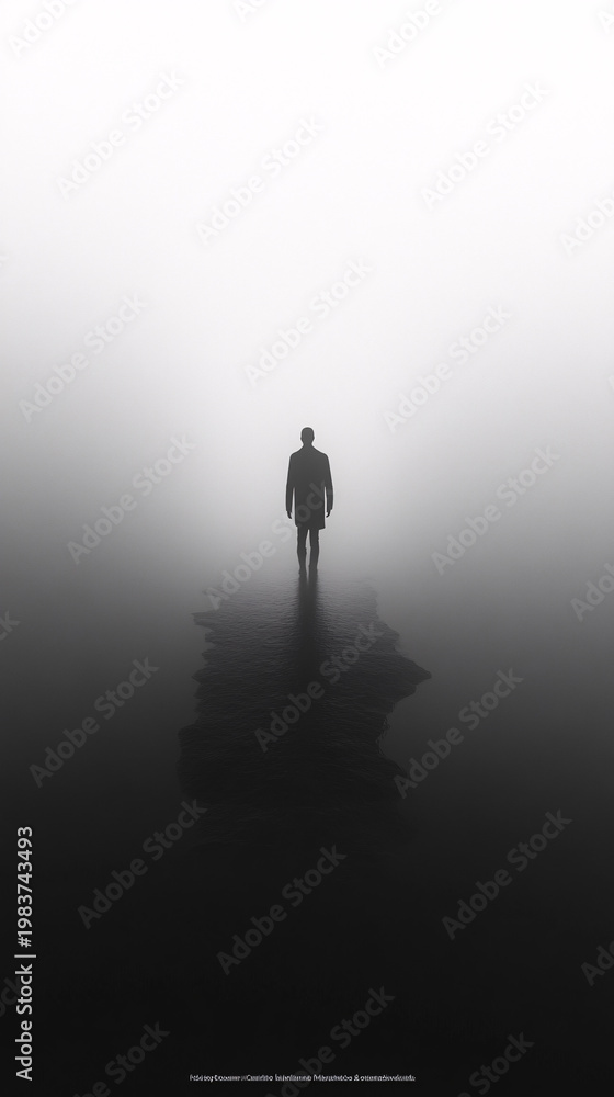 Fototapeta premium Solitary man in dark suit moving through thick atmospheric mist