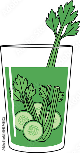 A refreshing glass of green juice with celery and cucumber on transparent background