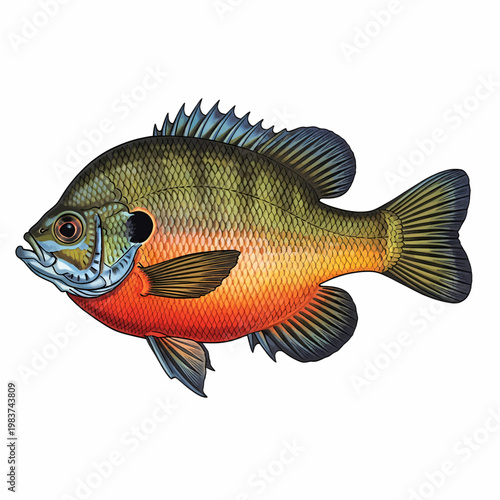 Illustration of a bluegill sunfish in a classic vintage artistic style with detailed scales and fins
