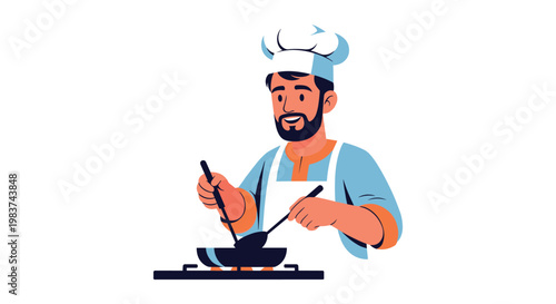 A cartoon chef cooking with a frying pan on transparent background