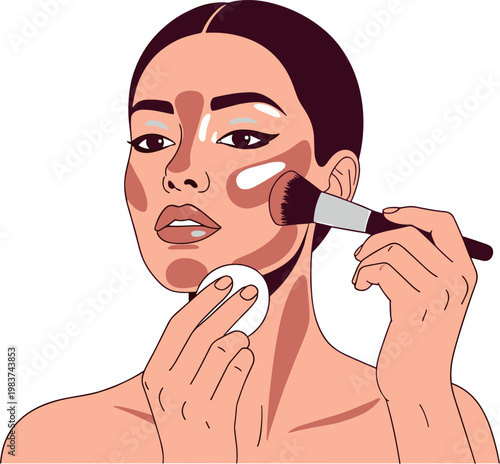 A woman applying makeup with a brush and cotton pad on transparent background