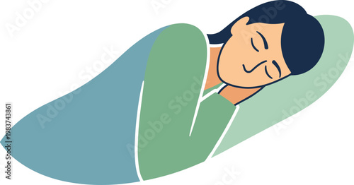 A peaceful woman sleeping soundly on a soft green pillow on transparent background