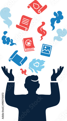 A person overwhelmed by various medical and healthcare icons on transparent background