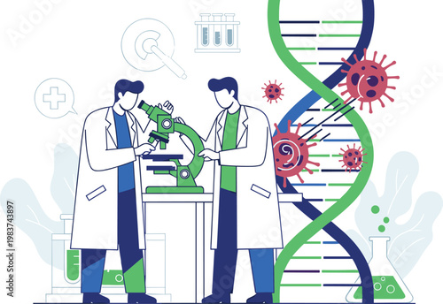 Two scientists in lab coats working with a microscope and DNA helix on transparent background