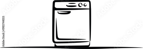Minimalist black ink drawing of a modern household dishwasher for kitchen chores and home utility tasks