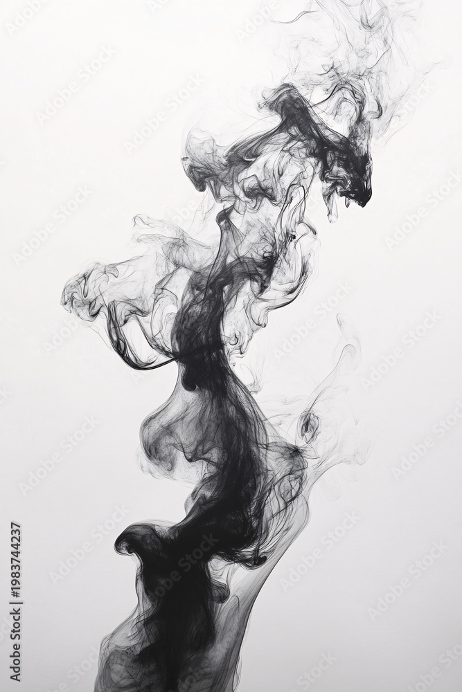 Fototapeta premium Dynamic black smoke swirling gracefully through a clean ethereal void, creating stunning patterns