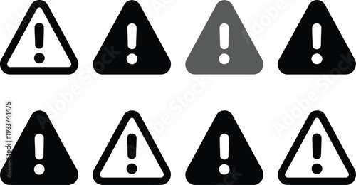Collection of multiple triangular exclamation mark caution signs for safety alerts and industrial hazard warnings