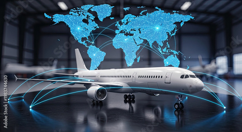 Commercial airplane with global connection routes against hangar backdrop in a modern design; travel and connectivity