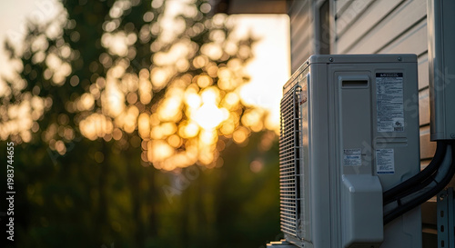 Air conditioning unit on side of building with blurred bokeh tree background during sunset creating a peaceful summer atmosphere