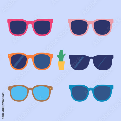 Sei paia di occhiali da sole colorati e stilizzati con un piccolo cactus su sfondo blu