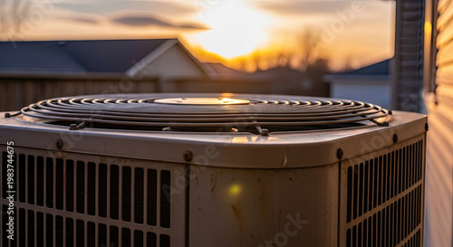 Outdoor air conditioning unit with a spiral fan guard during a vibrant sunset showcasing cooling technology against a colorful sky