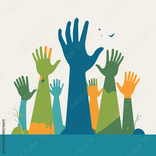 Molte mani colorate si alzano verso il cielo, simboleggiando unità, diversità e speranza in un futuro migliore.