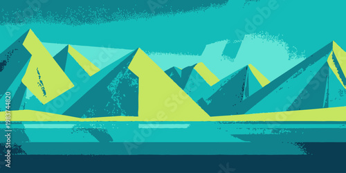 Illustrazione digitale di montagne stilizzate e un lago calmo sotto un cielo vibrante, con una palette di colori freddi e accenti di verde lime.