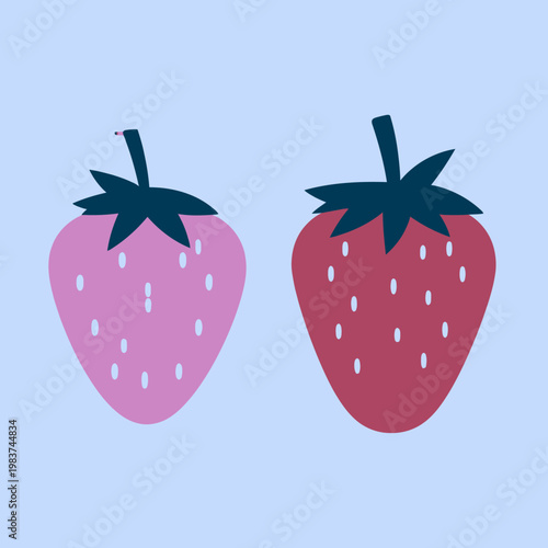 Illustrazione vettoriale minimalista di due fragole, una rosa e una rossa, su sfondo azzurro chiaro, perfette per design grafico.