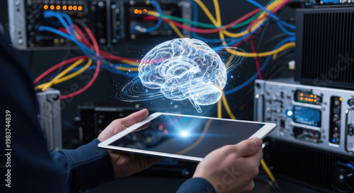 Person holding tablet displaying digital brain hologram over server rack in modern data center for artificial intelligence